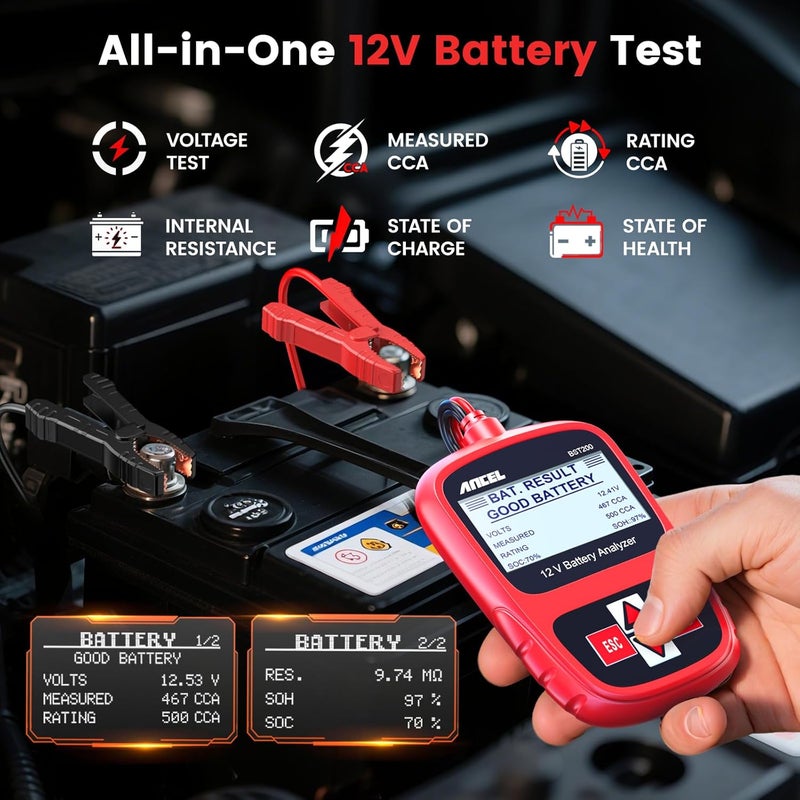 Ancel BST200 Car Battery Tester 12V Battery Load Tester, 100-1100 CCA Automotive Digital Analyzer Tool with Upgraded Reinforced Clamps for Car Truck SUV Motorcycle Boat Marine Vehicles - Image 2